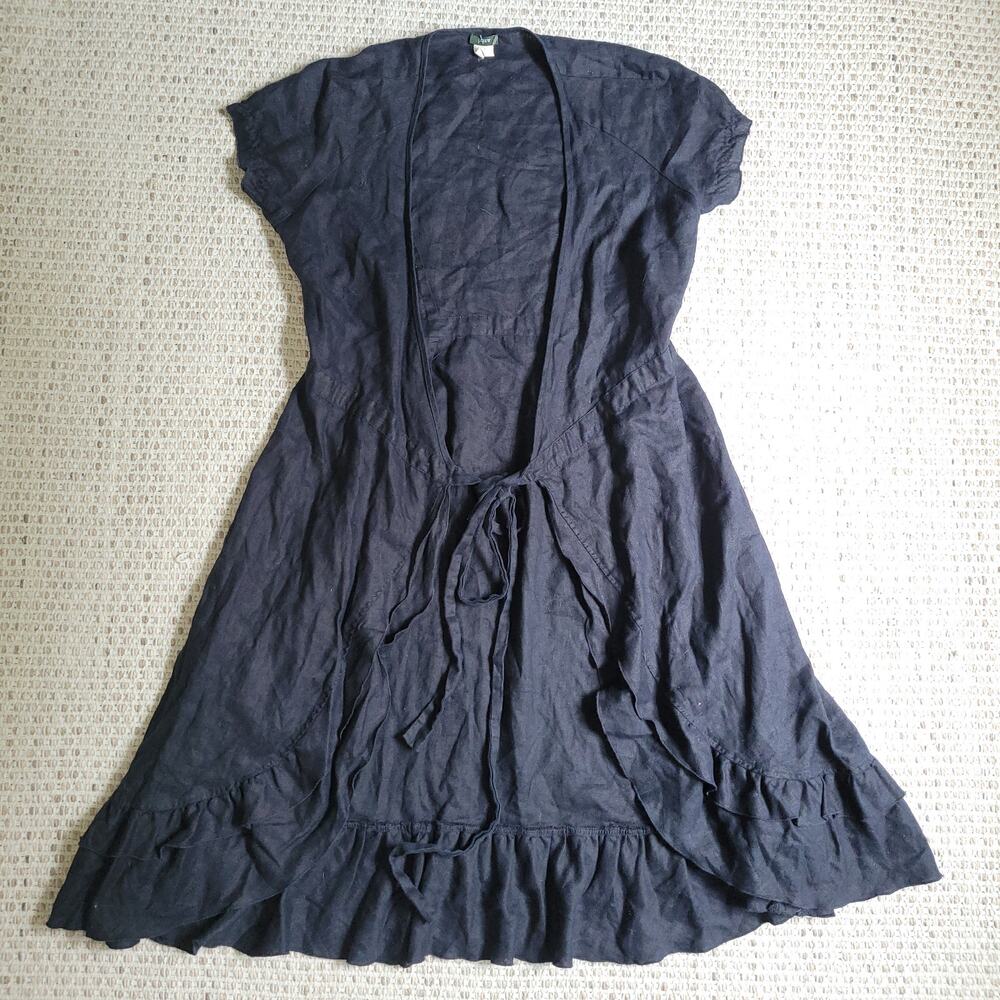 Vintage 2006 J.Crew Dress Womens 12 Navy Blue 100% Linen Tie Front Short Sleeve